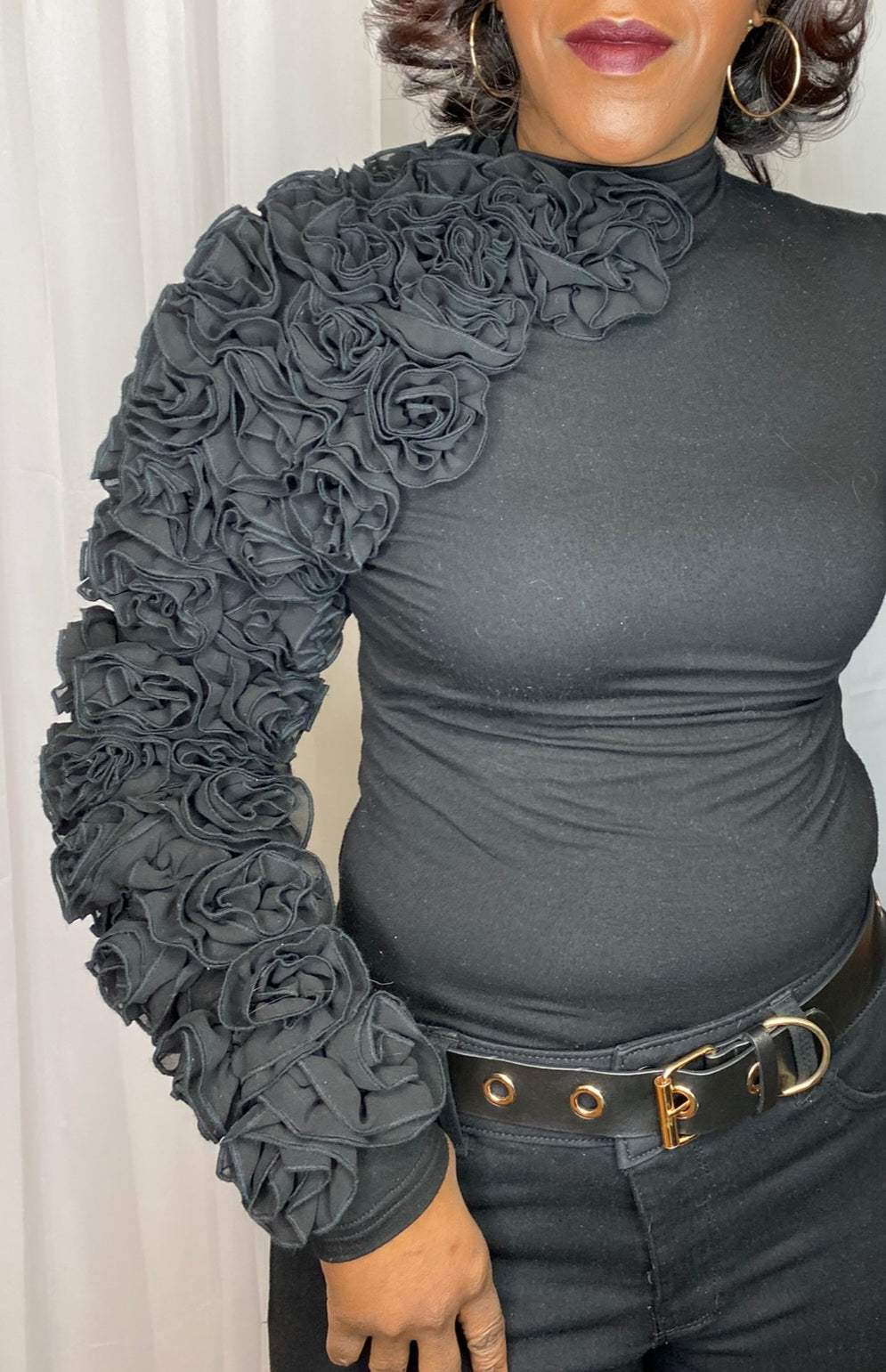 Mock Neck Long Sleeve Top with Floral Ruffles