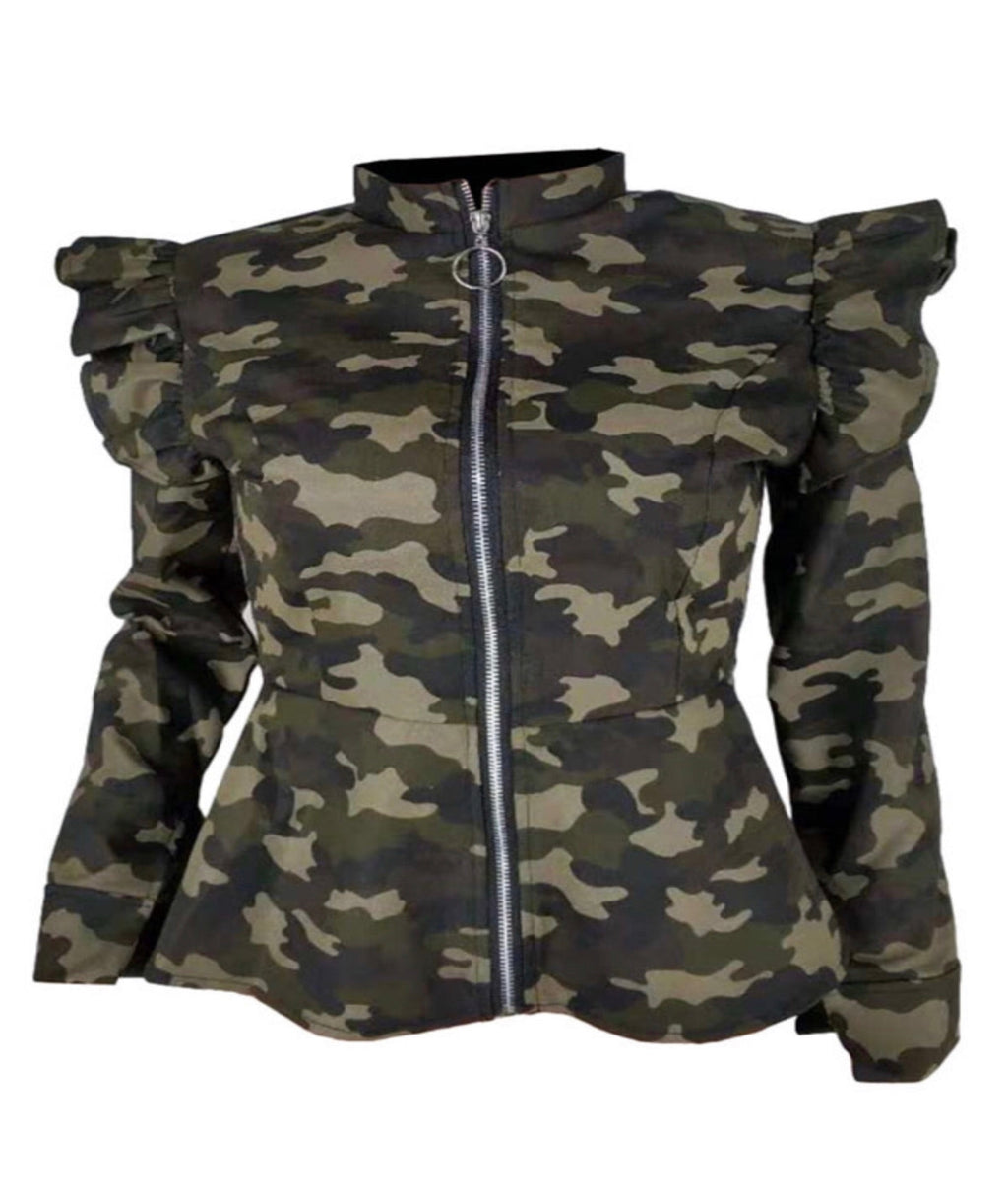 Camo Ruffle Sleeve Jacket - Savvy Selections Boutique